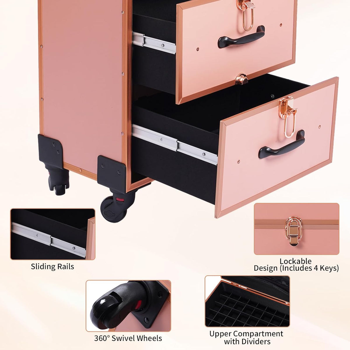 3 in 1 Cosmetic Train Cases Rolling on Wheels Makeup Train Case 𝐰𝐢𝐭𝐡 𝐃𝐫𝐚𝐰𝐞𝐫𝐬 𝐚𝐧𝐝 𝐂𝐥𝐞𝐚𝐫 𝐌𝐚𝐤𝐞𝐮𝐩 𝐁𝐚𝐠,3-Layer Large Nail Cart & Organizer for Makeup Artists,Nail Technicians