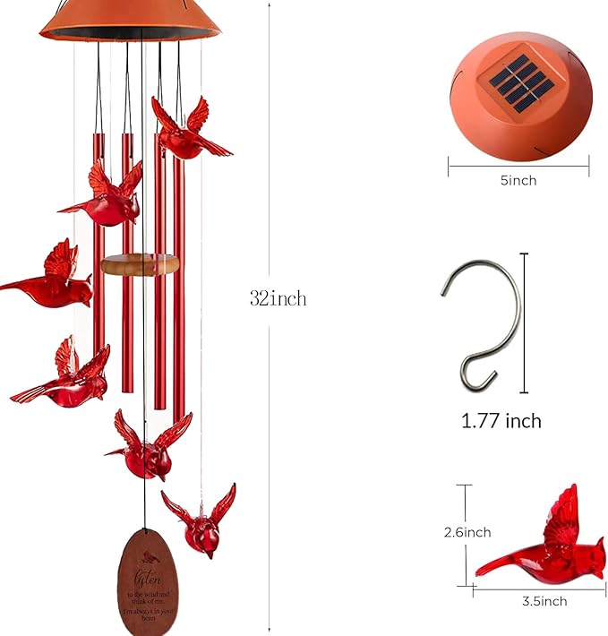 Cardinal Solar Wind Chimes Outdoor, Cardinal Bird Wind Chime Light with 4 Red Metal Tube, Cardinal Gifts for Women Mom Grandma, Birthday Gifts Memorial Sympathy Gift