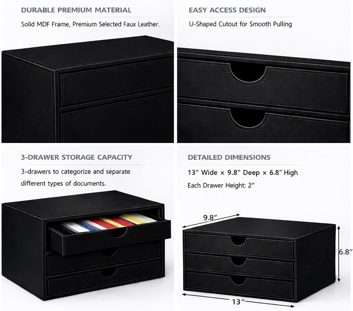 UnionBasic Document Organizer, 3-Drawer File Cabinet Document Storage Box, Office Desktop Filing Organizer, Black