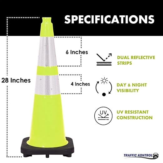3 Pack 28" Inch Lime Traffic Safety Cones with Dual Reflective Collars - High Visibility Industrial Pylons Traffic Cones for Road, Parking Lots, Driving, Construction