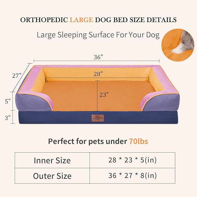 Comfort Expression Orthopedic Dog Bed for Large Dogs 36x27 Inch, Waterproof Egg Crate Foam Large Pet Bed with Removable Bolsters, Dog Couch with Washable Cover & Non-Slip Bottom, Orange Breeze