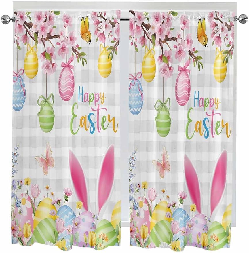 Happy Easter Bedroom Curtains 63 Inches length, Spring Watercolor Bunny Eggs