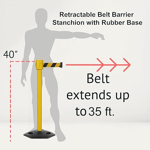 Montour Line MSR760 Set of 2 Retractable Belt Barrier Stanchion, Rubber Base, Yellow Post (35 ft Red with"NO Parking" White Letters Belt)