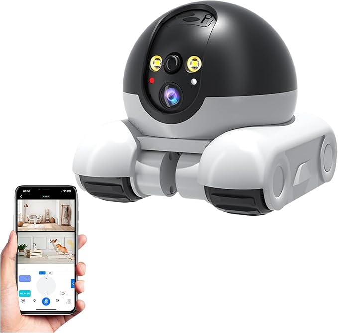 PUSOKEI 1080P Indoor Security Camera, Movable WiFi Pet Camera with Dual Lens, 2 Way Talk, Motion Detection, Night Vision, APP Remote Control, Wire Less Robot Cam for Cat Dog Family