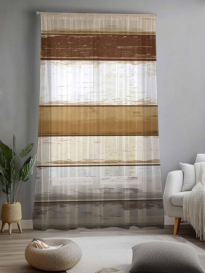 Sheer Curtains 108 Inches Long, Vintage Country Geometric Striped Privacy Voile