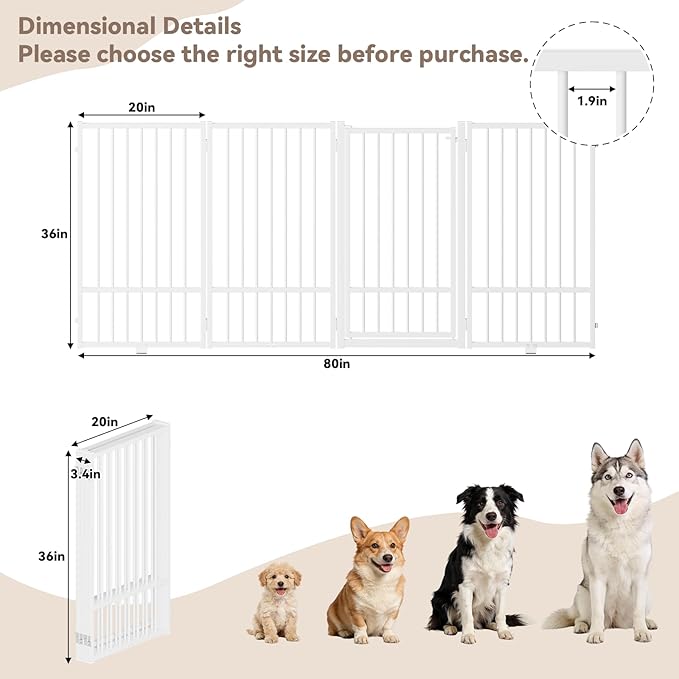 Full Metal Freestanding Dog Gate with Door, 36''Height Foldable Pet Dog Fence for Indoor & Outdoor, 4 Panels Extra Wide Free Standing TallDog Gates for Doorways,House,Stairs,Porch,Deck,Yard