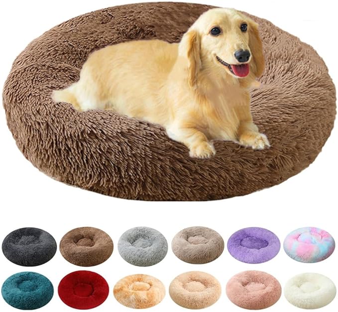 Large Calming Dog Bed, 40 Inch Anti-Anxiety Donut Dog Cuddler Cat Bed, Warming Cozy Soft Dogs Round Bed, Fluffy Faux Fur Machine Washable Pet Cushion for Medium Large Dogs & Cats (Coffee)