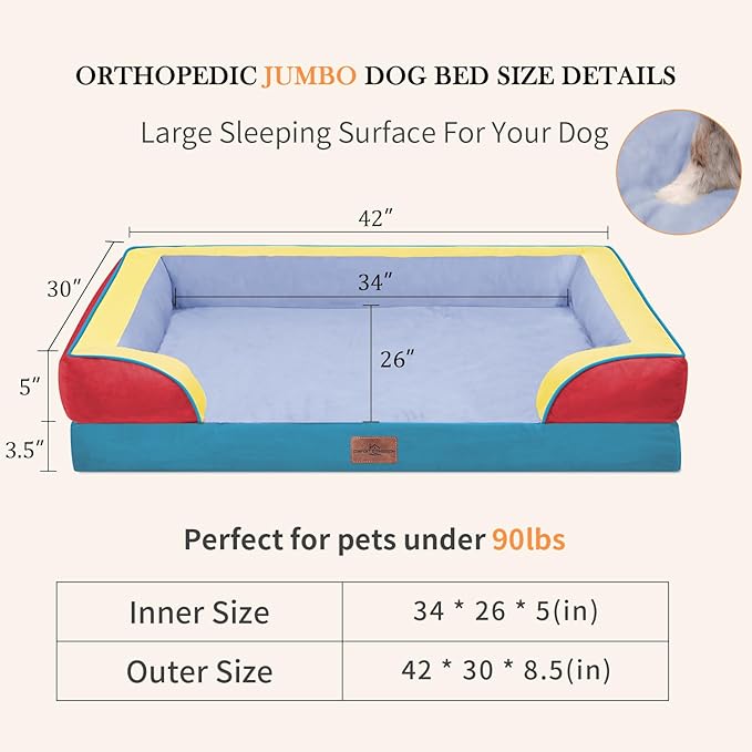 Comfort Expression Orthopedic Dog Bed for Extra Large Dogs 42x30 Inch, Waterproof Egg Crate Foam XL Pet Bed with Removable Bolsters, Dog Couch with Washable Cover & Non-Slip Bottom, Funfetti Fiesta