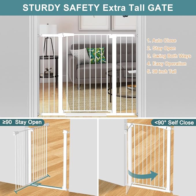 Fairy Baby 38" Extra Tall Baby Gate for Stairs Doorways, Extra Wide 54.4" to 59.8" Safety Dog Gate for House, Auto Close Pressure Mounted Easy Walk Through Pet Gate with Door, White