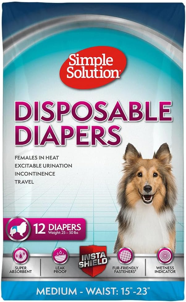 Simple Solution Disposable Female Dog Diapers, Absorbent Leak Proof Protection for Incontinence, Puppy Training, Heat Cycle, Travel, and Housebreaking, Medium Dogs, 15–23 Inch Waist, 12 Count