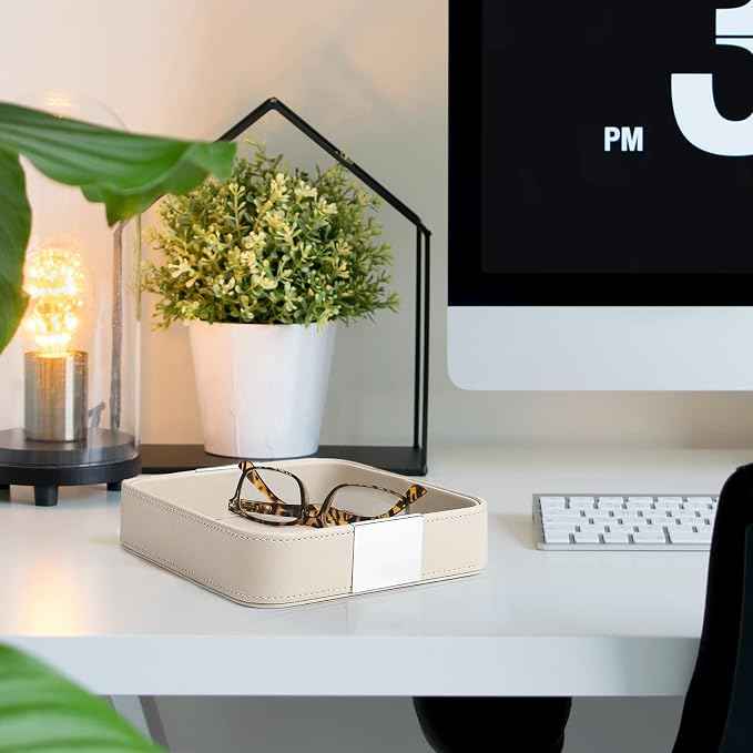 SANZIE Luxury Leather Desktop Storage Small Catchall Organizer Decorative Tray