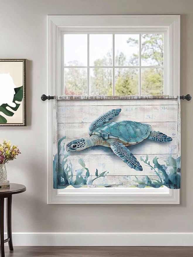 Sheer Curtains 45 Inch Length, Teal Green Sea Turtle Semi Sheer Curtains Light