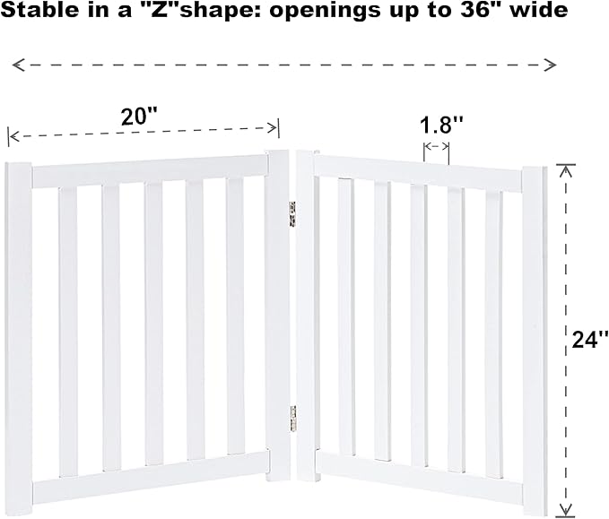 LZRS 2-Panel Wooden Free Standing Foldable Dog Gate Indoor – Solid Hardwood 24" High, Step-Over Safety Pet Gate for Doorways, Stairs & Small Spaces - Indoor Use, White
