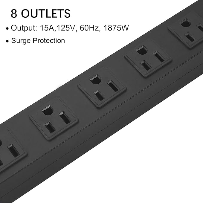 HHSOET Metal 8 Outlet Mountable Power Strip, Wall Mount Outlet Heavy Duty, Wide Spaced Commercial Shop Power Strip with Switch, 15A 125V 1875W, 6 FT SJT 14AWG Power Cord.(Black)