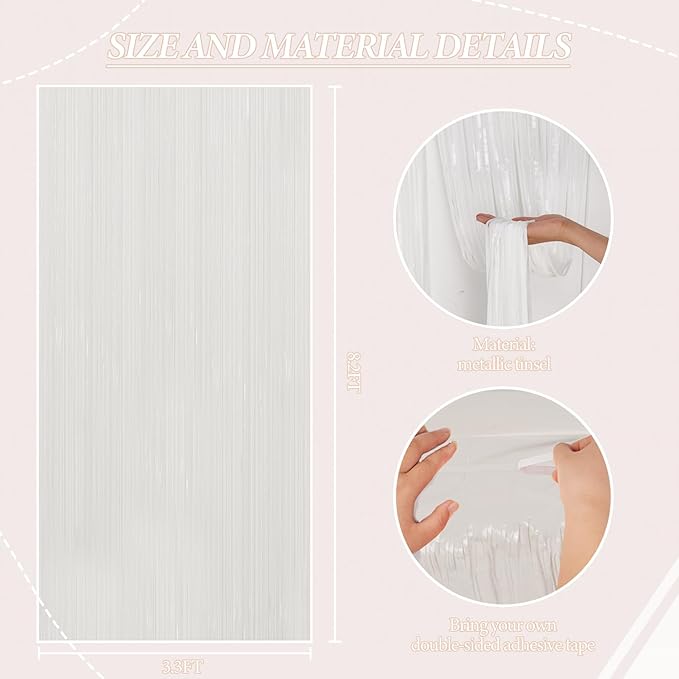 3 Pack Foil Fringe Backdrop - White Shiny Tinsel Curtains for Party Decoration/Photo Booth Props - 3.3x8.2 FT Metallic Foil Backdrop for Birthday, Wedding, Graduation, Christmas.