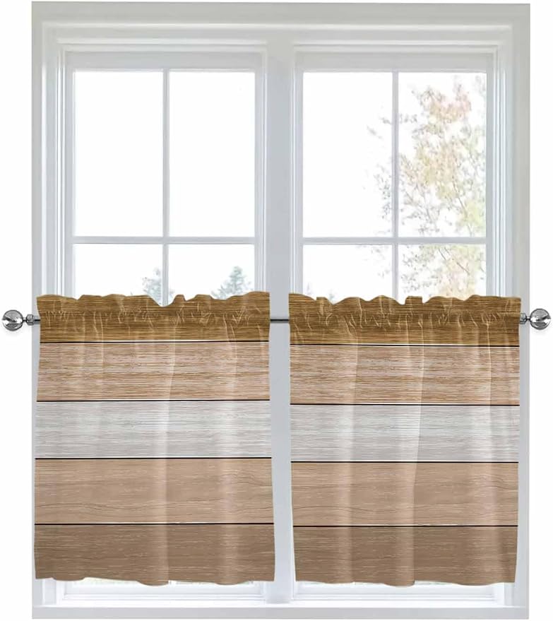 Retro Farm Wood Board Window Valance Curtains, 2 Panel
