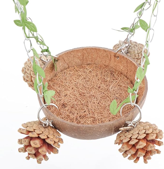 Bird Natural Coconut Nest Sugar Glider Hanging Swing Toy with Coconut Fiber Mat for Small Bird Parrot Parakeet Sugar Glider