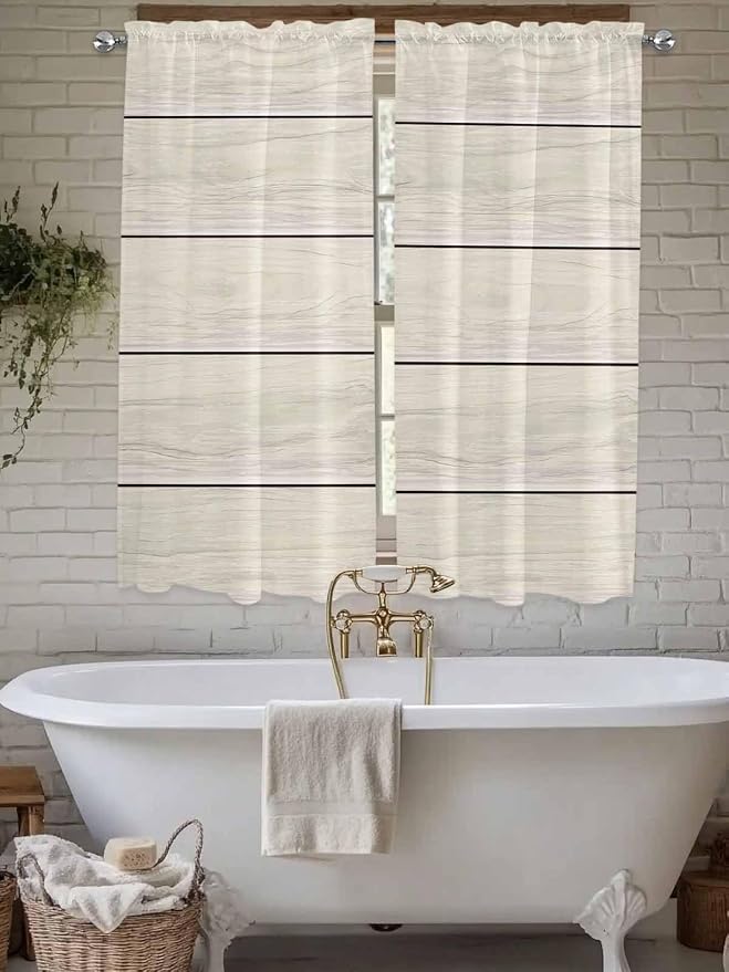 Vintage Country Wooden Board Window Valance Curtains, Gradient Wood Grain Line
