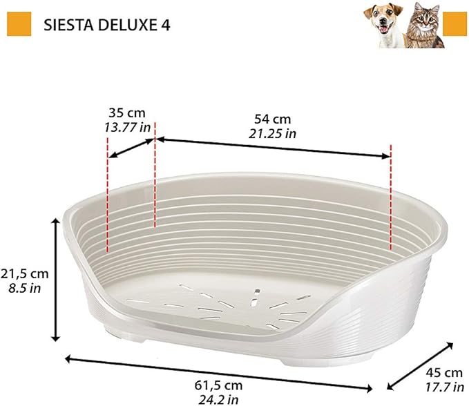 Ferplast Cat Bed, Plastic Dog Bed Small, Ventilation Holes and Non-Slip Rubber Feet for Added Stability 61,5 x 45 x h. 21.5 cm. White