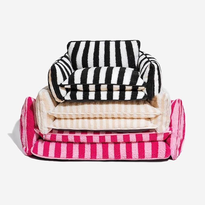 Lazy Holiday Plush Cozy Dog & Cat Sofa Bed, Teddy Velvet Dog Bed, Trendy Striped Faux Lambswool Double Layer Dog & Cat Sofa Bed Dogs Sleeping Mat for Medium Small Dogs & Cats (Black and White,L)