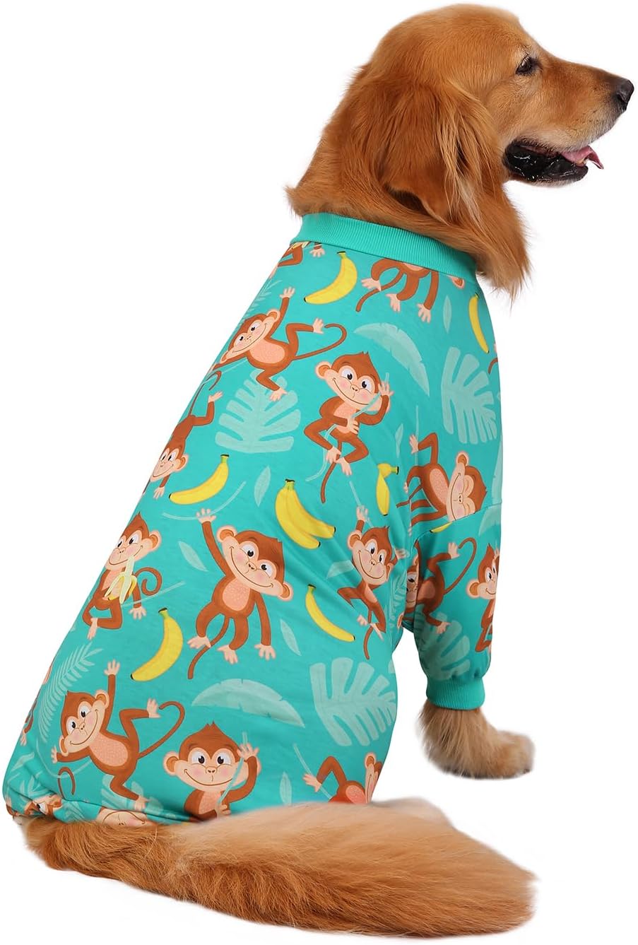 HDE Dog Pajamas One Piece Jammies Jumpsuit Pet Clothes Outfit Stretchy Lightweight Comfy Shirt Pjs for M-3XL Dogs Monkeying Around - XL