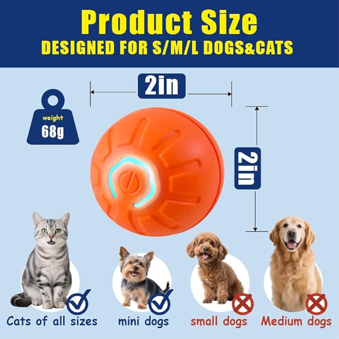 BIONEMAGILI Interactive Self-Moving Pet Toy Ball - Motion-Activated Auto Rolling, Military-Grade Chew Resistant, USB-C Rechargeable for Small Dogs & Cats (Orange, Small1