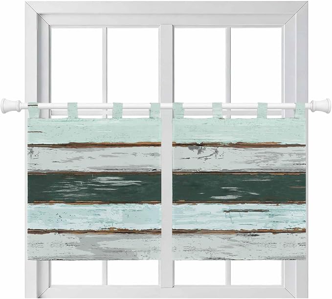 Blue Teal Kitchen Curtains 36 Inch Length, Small Window Curtains Tab Top