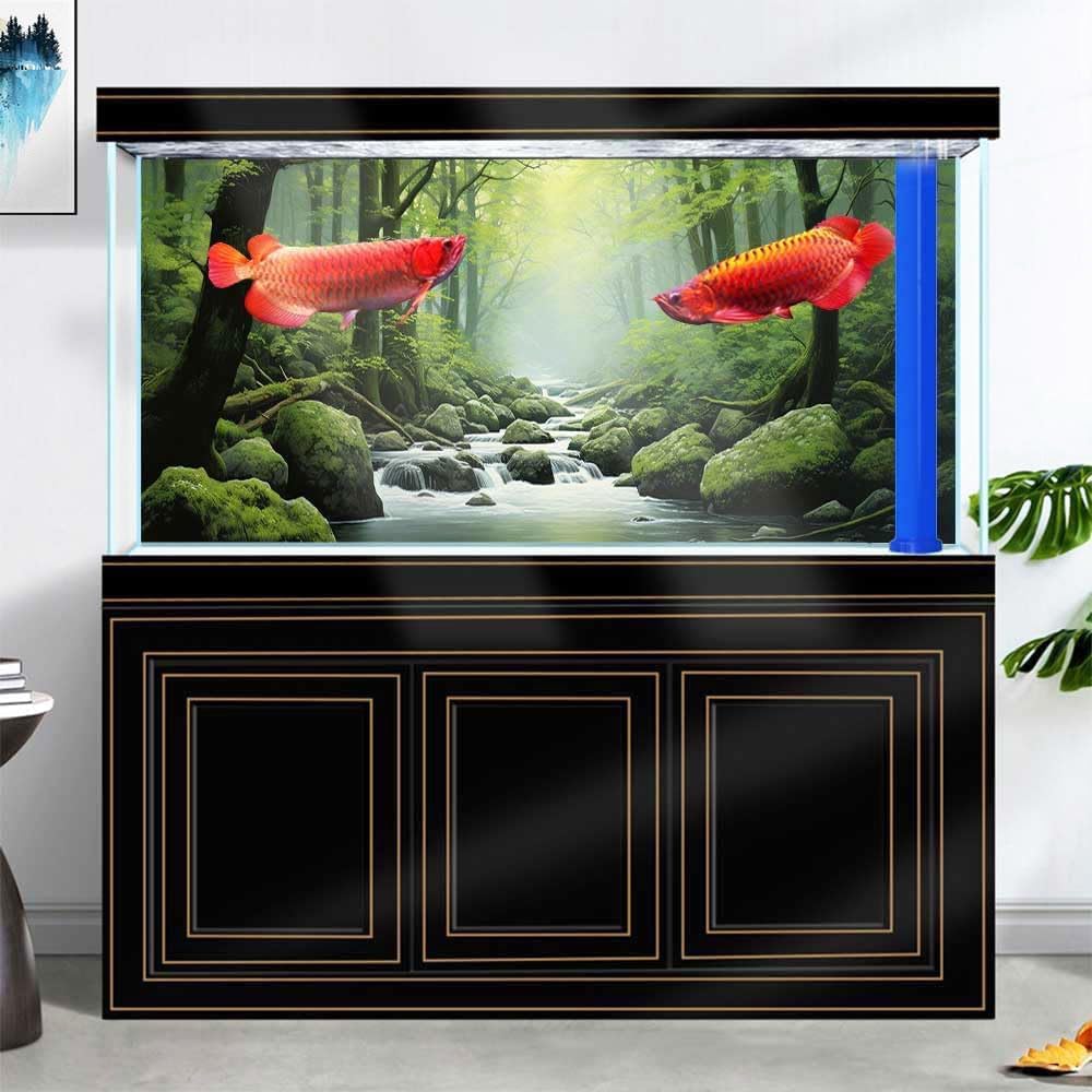 48X18IN Tropical Forest Terrarium Background, Natural Green Forest Tree Reptile Habitat Background, Misty Rainforest Aquarium Background, with 8 EVA Double-Sided Tape