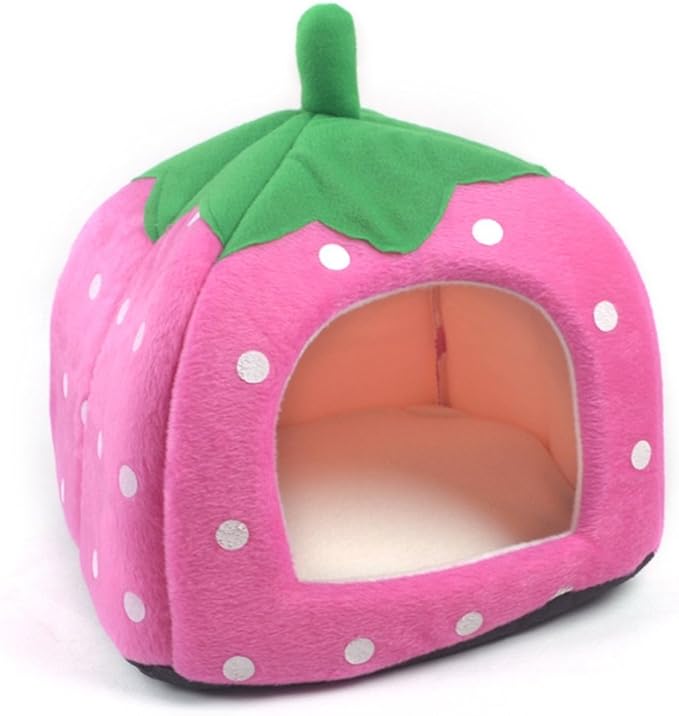 Vedem Pet Portable Strawberry Fleece House Bed for Dog/Cat/Rabbit/Hamster/Guinea-Pigs (S, Pink)
