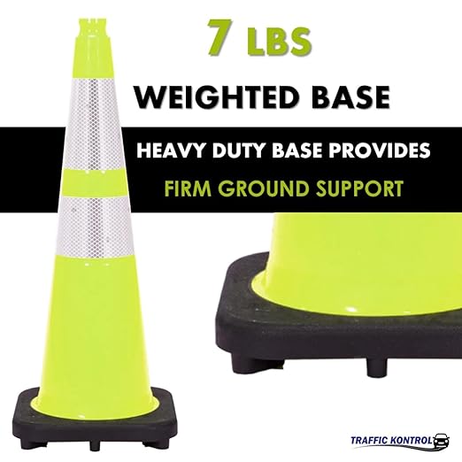 6 Pack 28" Inch Lime Traffic Safety Cones with Dual Reflective Collars - High Visibility Industrial Pylons Traffic Cones for Road, Parking Lots, Driving, Construction