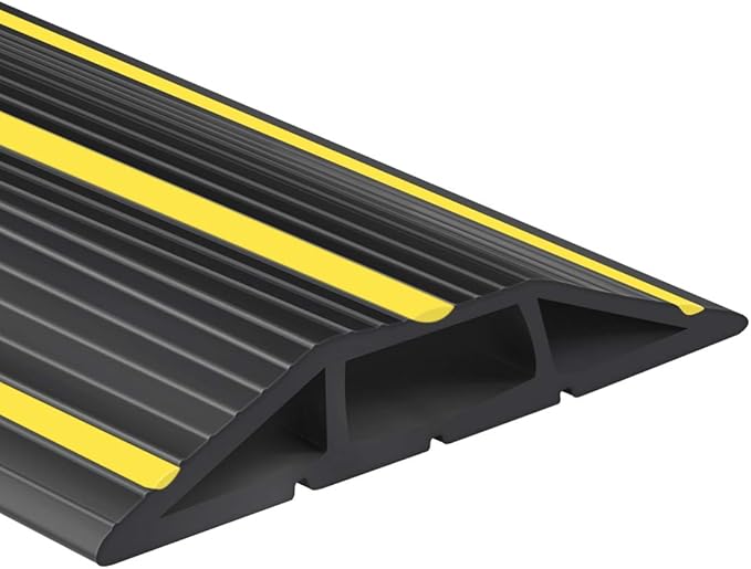 6.5Ft Cord Covers for Wires on Floor, 3-Channel Floor Cord Cover with Anti-Slip Base & Yellow Warning Strips, Extension Cord Covers for Floor, Ideal for Home, Office, Outdoor Use