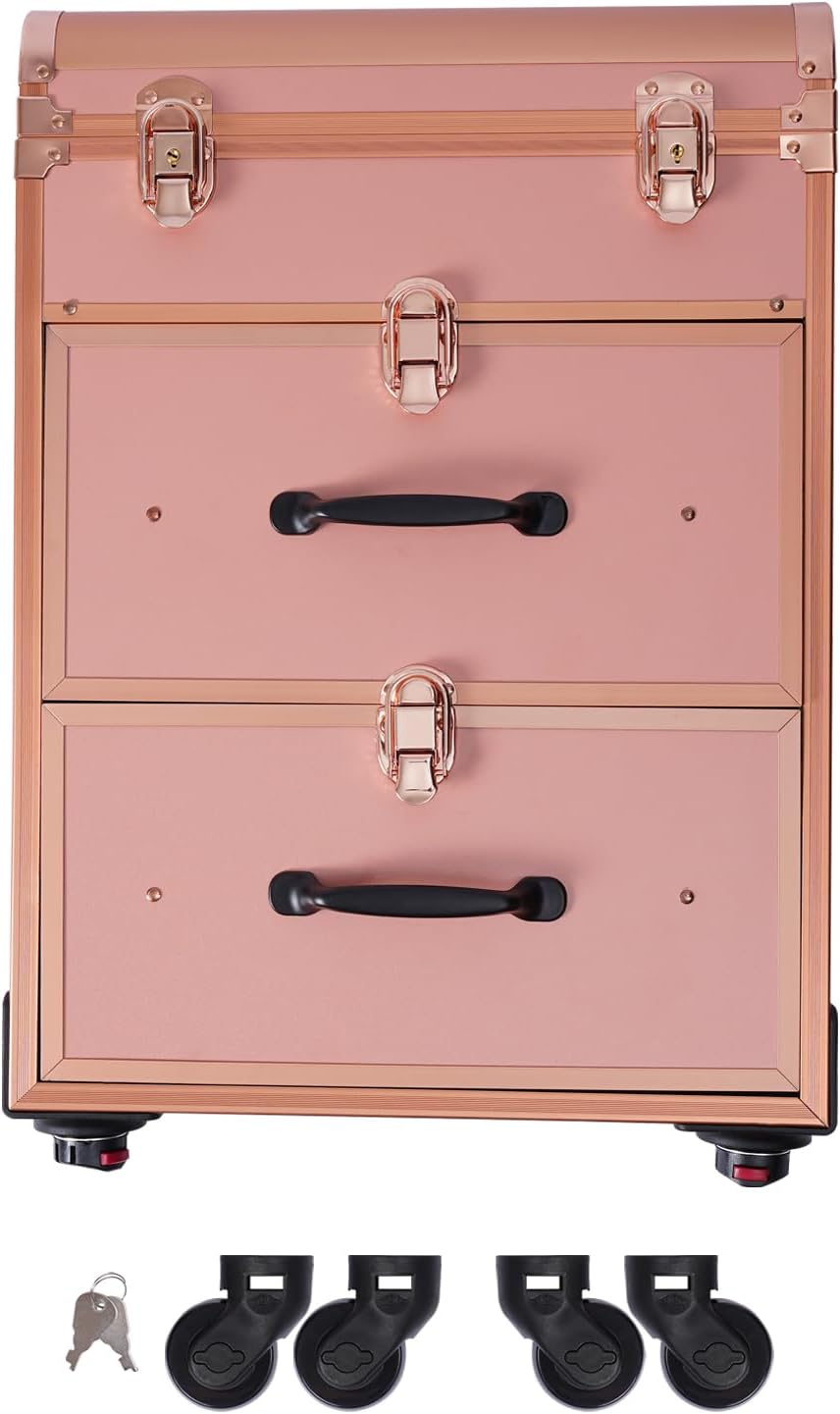 3 in 1 Cosmetic Train Cases Rolling on Wheels Makeup Train Case 𝐰𝐢𝐭𝐡 𝐃𝐫𝐚𝐰𝐞𝐫𝐬 𝐚𝐧𝐝 𝐂𝐥𝐞𝐚𝐫 𝐌𝐚𝐤𝐞𝐮𝐩 𝐁𝐚𝐠,3-Layer Large Nail Cart & Organizer for Makeup Artists,Nail Technicians