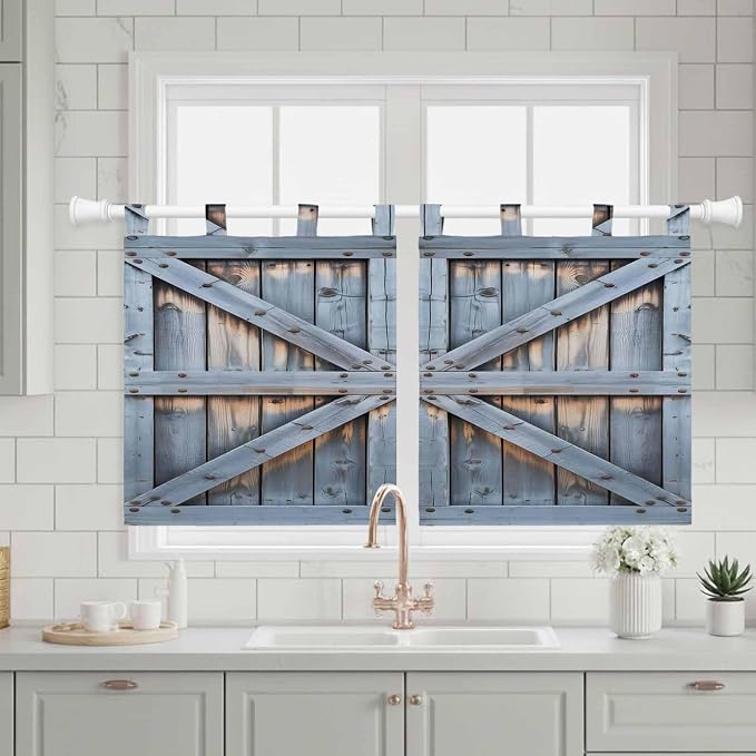 Farmhouse Wood Grain Kitchen Curtains 36 Inch Length, Small Window Curtains Tab