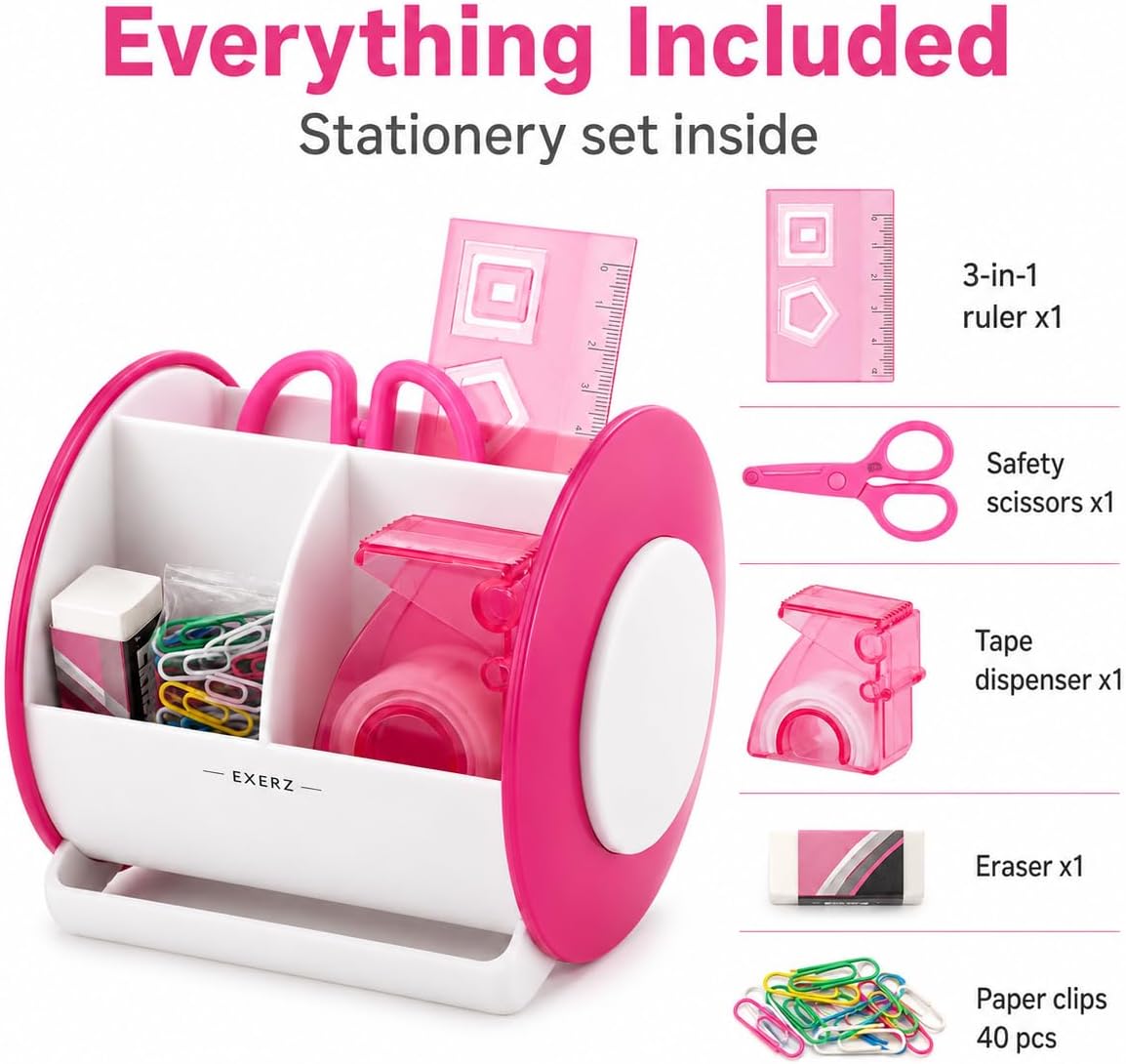 Exerz Ex8986 O-Life 90 Degree Rotary Desk Organiser with Stationery Set - Safety Scissors (Not Sharp), Rulers, Tape Dispenser, Eraser, Clips Included - Medium Size Stationery Organiser (Pink)
