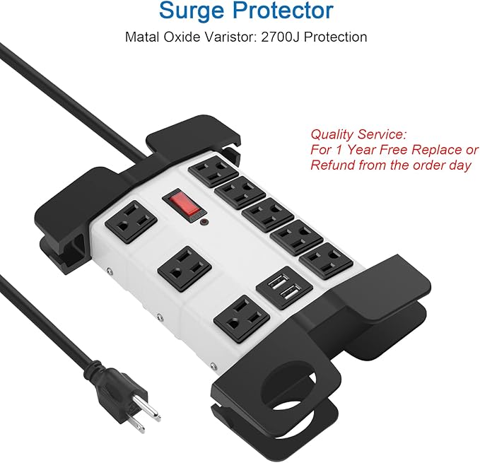 Heavy Duty Power Strip with USB, Workshop 8 Outlet Surge Protector 2700 Joules, Grey Industrial Metal 15Amp Power Strip, 10FT Extension Cord and Wide Spaced.