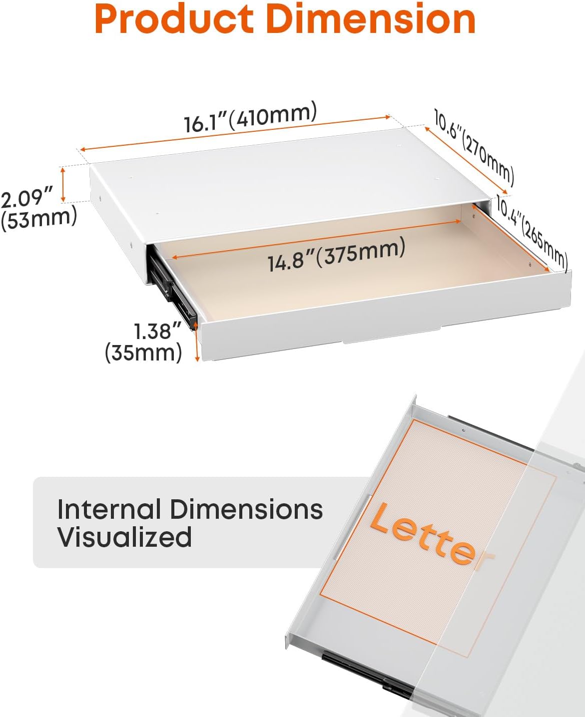 PUTORSEN Under Desk Storage Drawer 14.8" Wide - Smooth Slide Out Organizer for Standing Desk & Home Office, Max Load 17.6 lbs, Quiet Glide, White