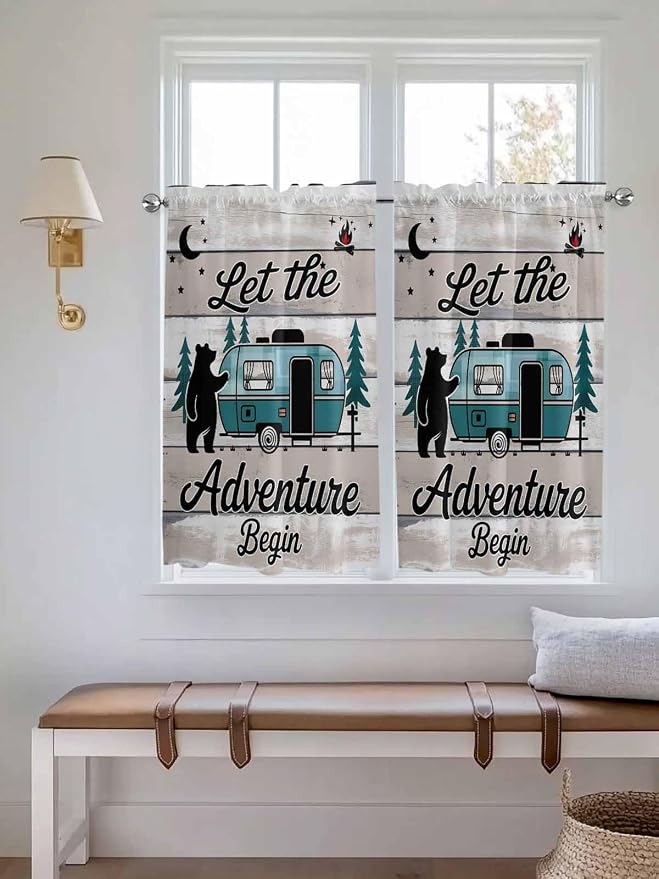 Farmhouse Bear Camper Van Tree Window Valance Curtains, Vintage Wood Grain