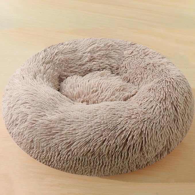 Donut Dog Bed Small Cat Bed, 20 Inch Round Fluffy Dog Beds for Small Dogs and Cats, Anti-Anxiety Donut Dogs Cuddler Bed, Washable Pet Bed for Medium Cats (Khaki)