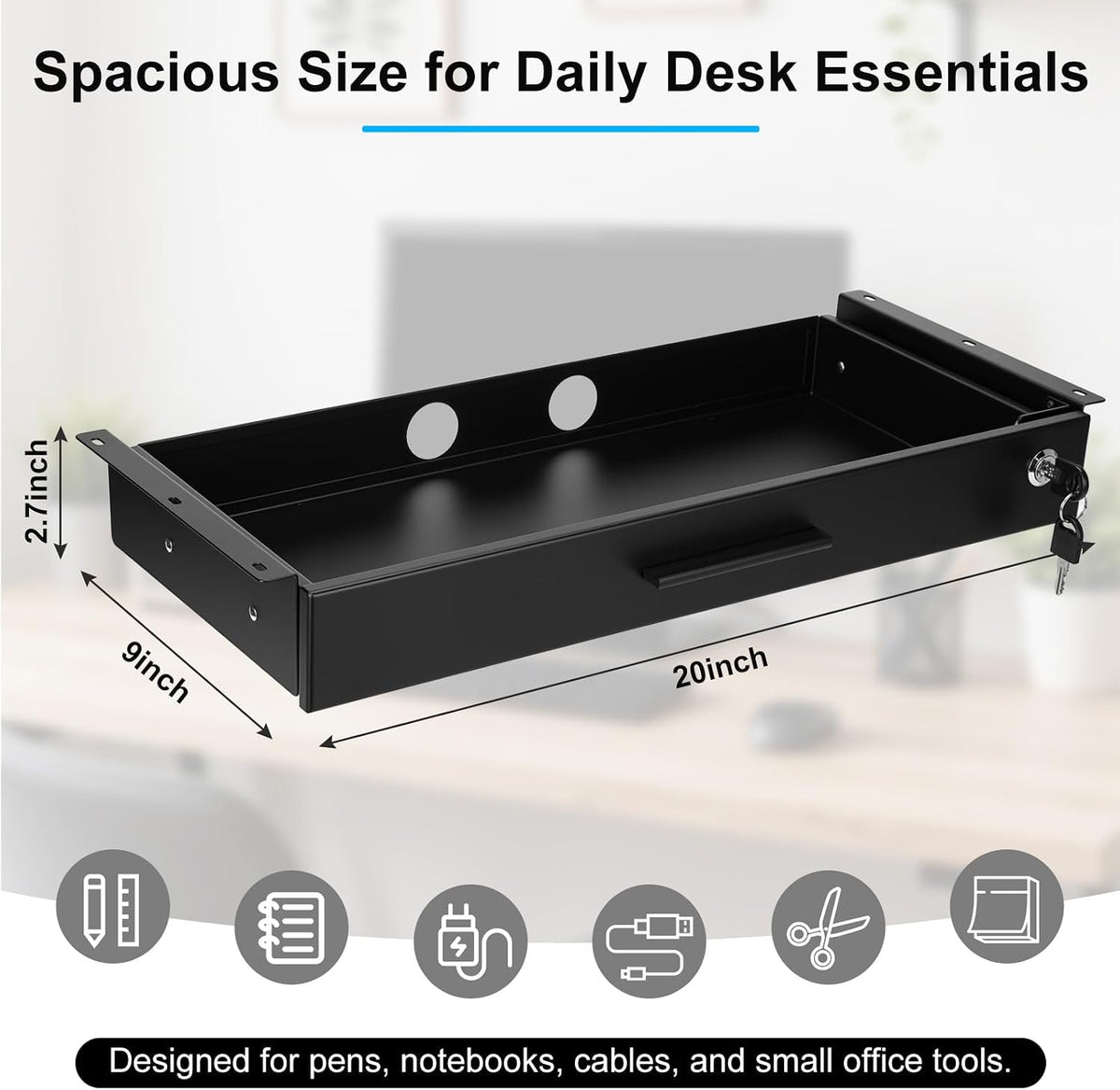 Menkxi 20'' x 9'' Under Desk Drawer Slide Out Storage Organizer, Black