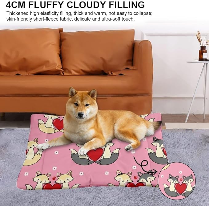 Romantic Fox Pink Teal Dog Bed Crate Mats Dog Create Pad Crate Beds Washable Non-Slip Cushions for Lining Pet Crates Comfy Bed Mat Little Indoor Outdoor 36X24 Inch