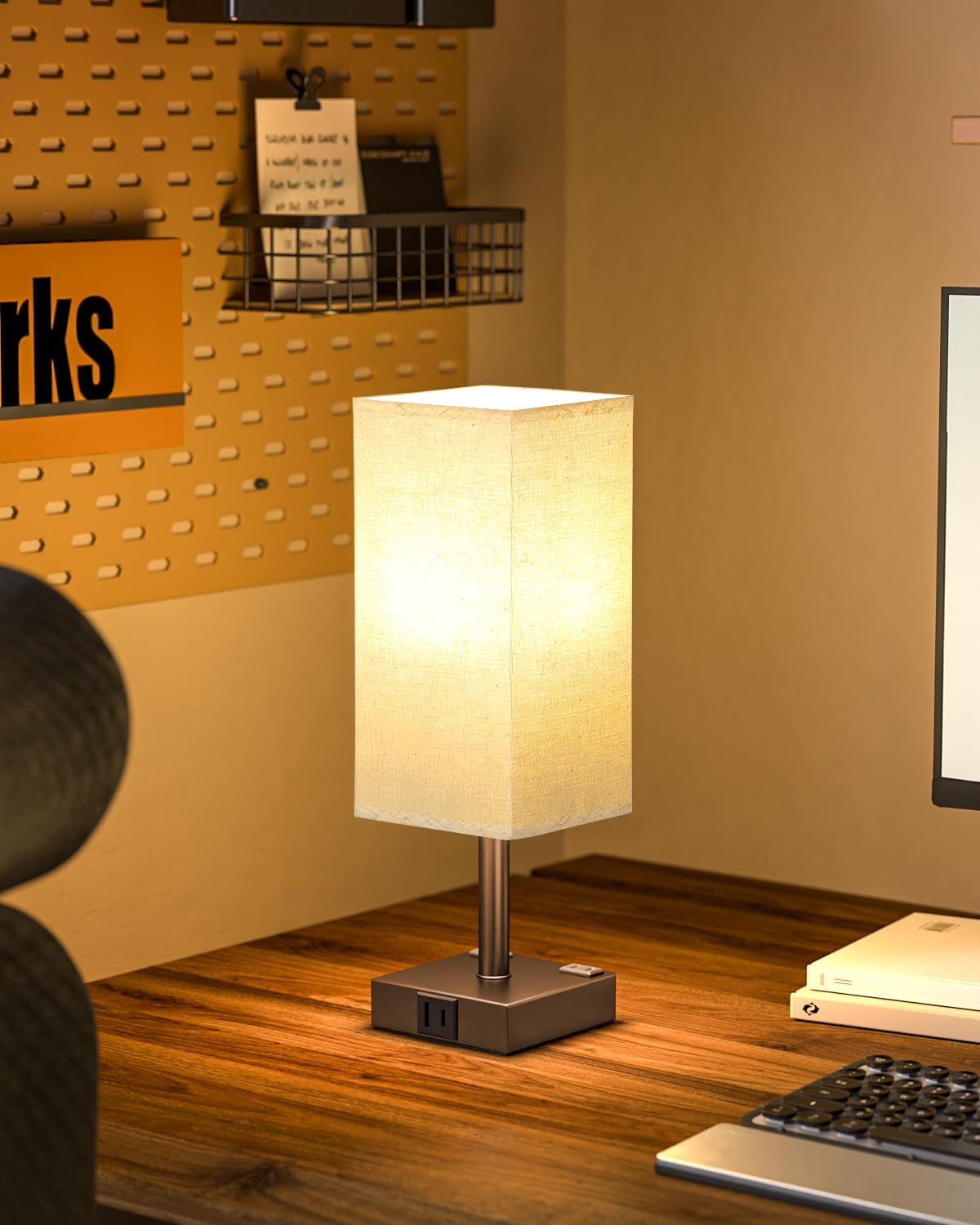 Brown Touch Table Lamp for Bedroom - Dimmable, USB C+A, 2 AC Outlets