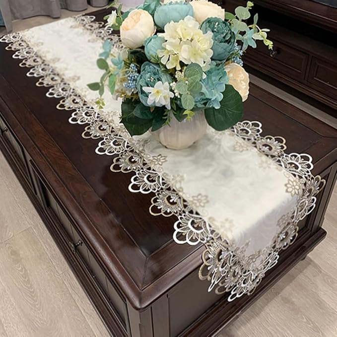 Sandweek Washable Lace Floral Embroidered Rectangle Table Runner Scarf Wedding