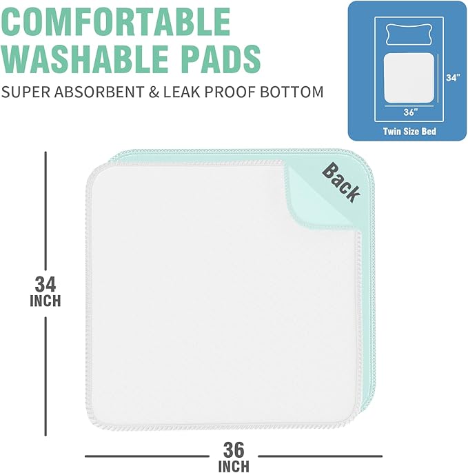 Washable Pee Pads for Dogs 2 Pack, 34" x 36" Waterproof Incontinence Bed Pads for Adults, Elderly and Kids, Nursing Pads, Chucks Pads, Super Asorbent Dog Training Pads, White & Green