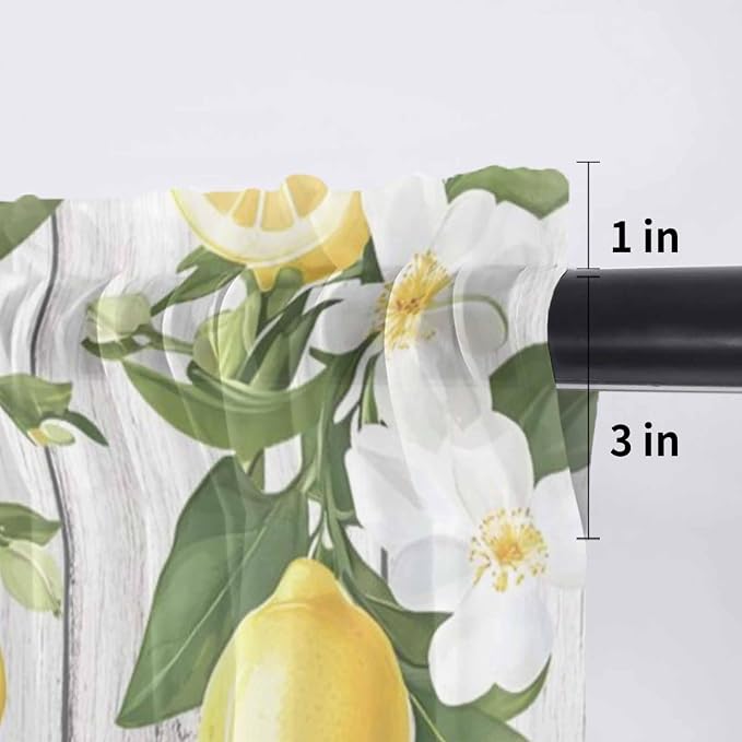 Spring Summer Lemon Sheer Valance Curtains, Leaf Flower White Wood Grain Light