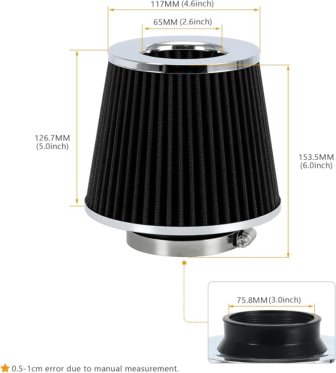 PTNHZ Universal Black 3" 76mm High Flow Cold Air Intake Cone Air Filter Power
