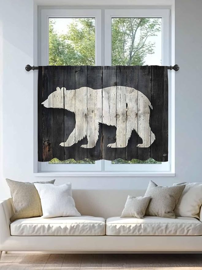 Sheer Curtains 45 Inch Length, Rustic Counrty Vintage Wood Grain Privacy Voile