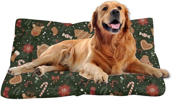 Festive Christmas Cookie Print Dog Bed Mat Washable Dog Bed Mat Pet Travel Unique Non- Slip Bottom Room Furniture Multi- Scenario Pet Mats Gift Printed Crate 24× 18 Inch