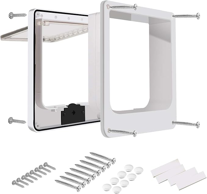 CEESC Medium Cat Door for Interior/Exterior Door, Weatherproof, White, Rotary 4 Way Locking Pet Door for Cats & Dogs with Circumference < 15.75", Upgraded Version