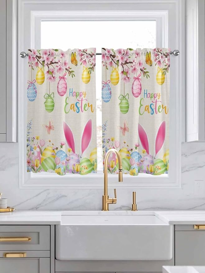 Happy Easter Kitchen Curtains 45 Inches length, Spring Farmhouse Bunny Eggs