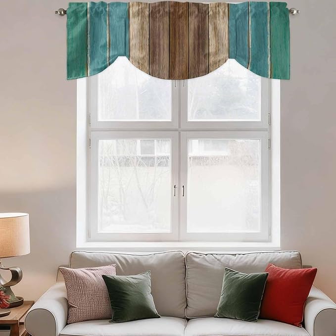 Teal Blue Brown Tie Up Valance Curtains